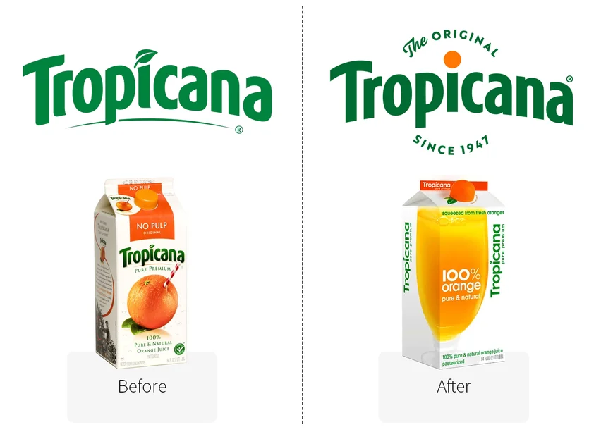 Tropicana-Verpackung im Vergleich vor und nach dem Rebranding 2009