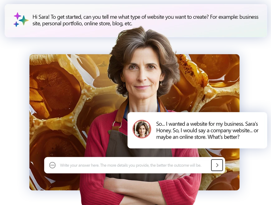 Simulation 1: Sarah, an inexperienced beekeeper, next to the MagicSite interface as she starts her first conversation to create the website.