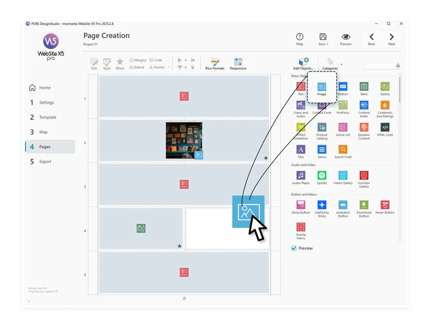 Visual interface of WebSite X5 to create web pages with drag & drop
