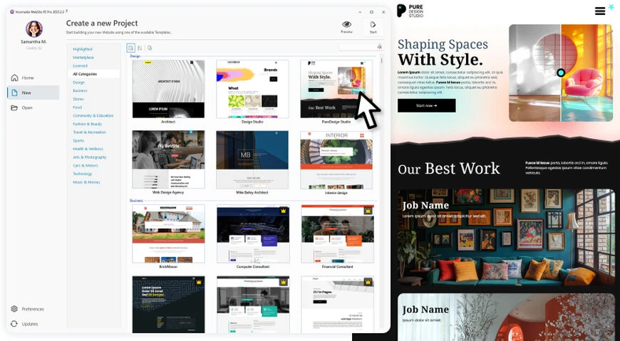 WebSite X5 interface, a valid alternative to Squarespace, with a visual editor and professional templates.