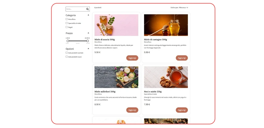 Preview of the product cards automatically generated by MagicSite for Sarah's website, with titles and short descriptions of the artisanal honey. 