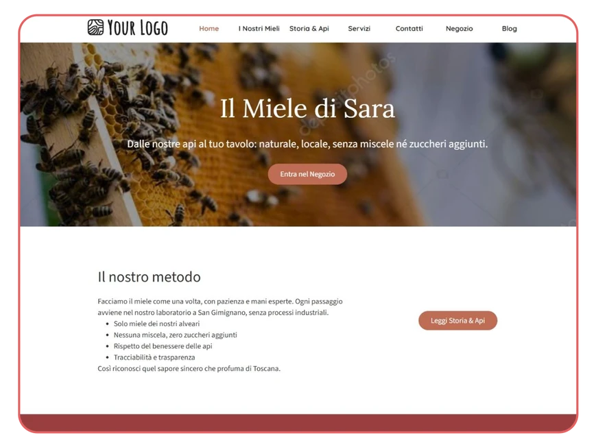 Preview of the homepage generated by MagicSite for Sarah, with sections dedicated to artisanal honey, products, and the beekeeper’s story.