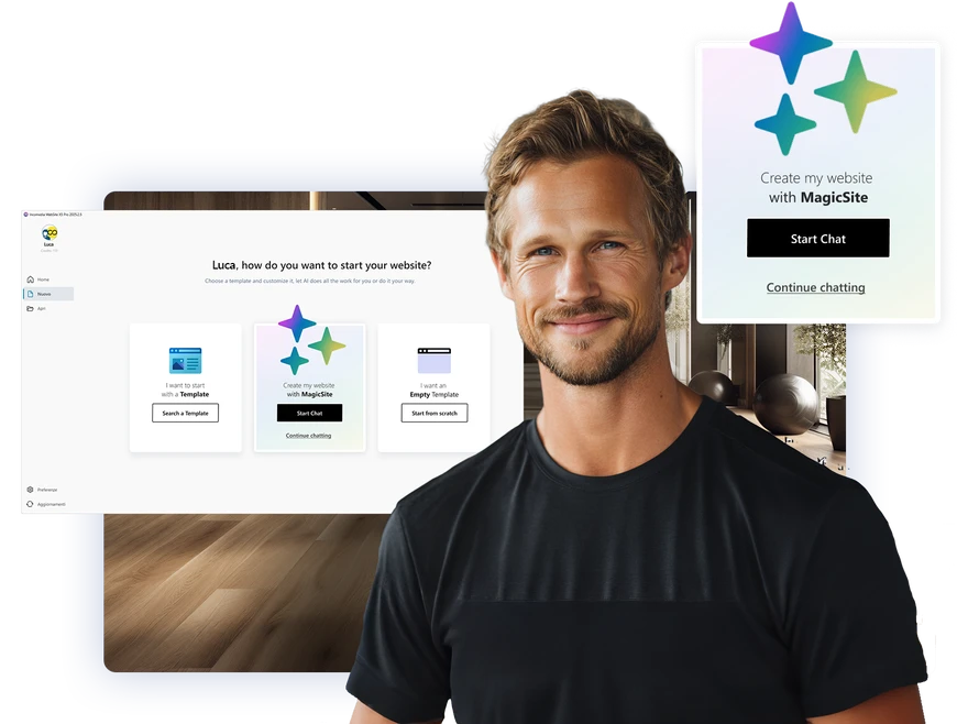 Simulation 2: Luke, an experienced personal trainer, next to the MagicSite interface as he starts the conversation to create his website.