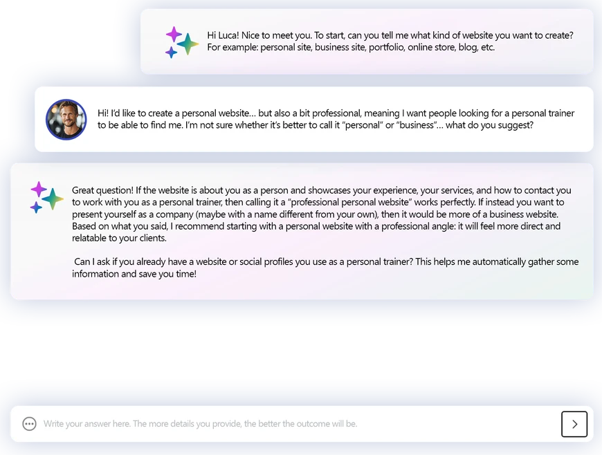 Excerpt from Luca’s chat with MagicSite, where he asks whether a personal or professional website is better for his personal training business.