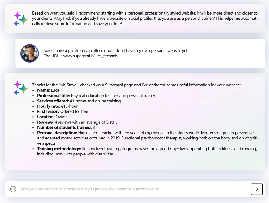 Screenshot of the MagicSite interface confirming the analysis of Luke’s professional profile to tailor the website’s content and structure.