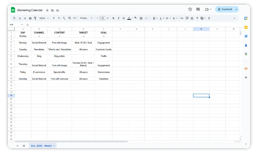 Weekly marketing calendar with filled-in content for social media, blog, and newsletter