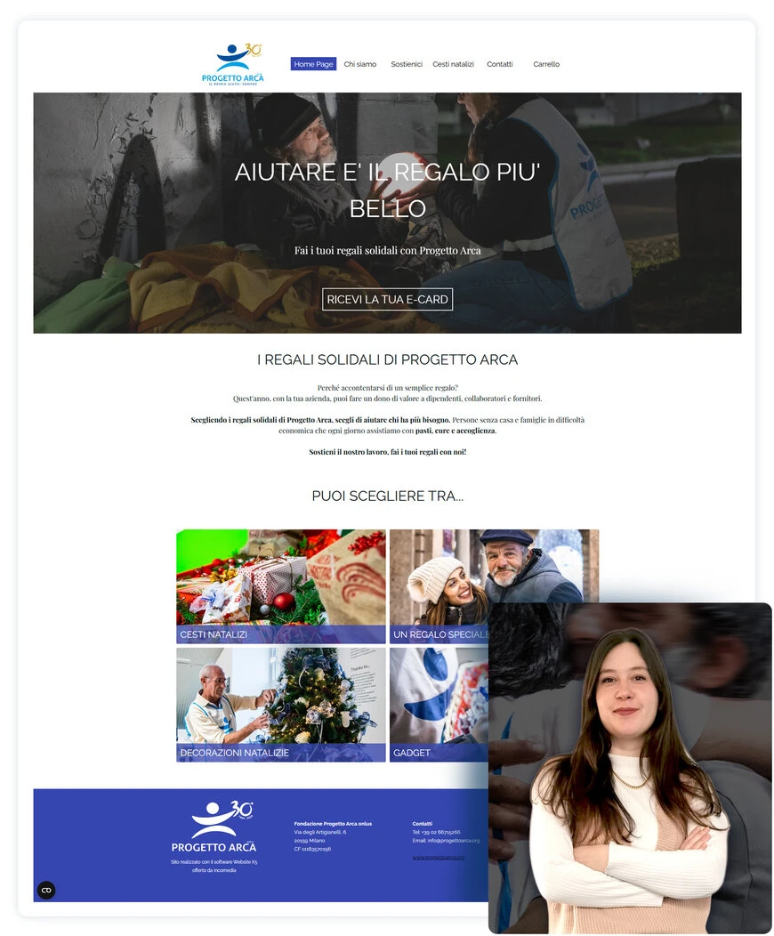 An example of the creation of an association website: Marta Etrelli of „Fondazione Progetto Arca“ and the home page of the online shop for solidarity gifts created with Website X5 