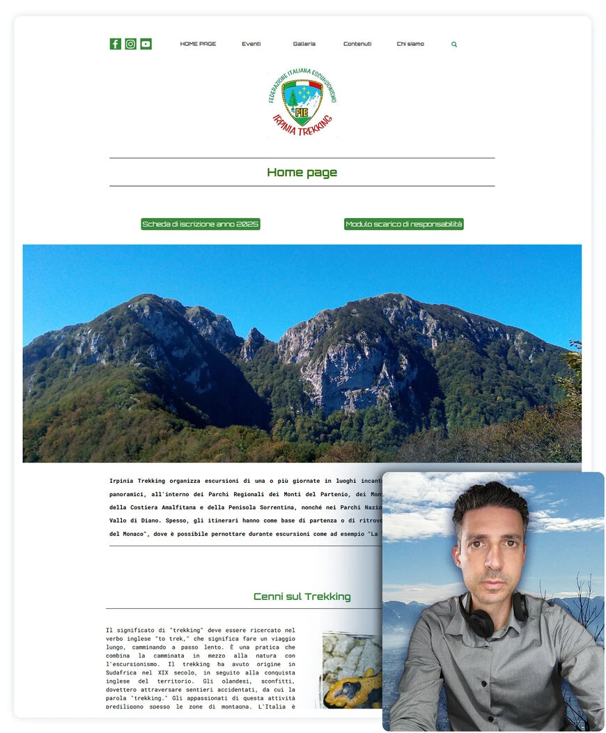 Vincenzo Tino, founder of Irpinia Trekking,and the home page of the sport club website created with WebSite X5