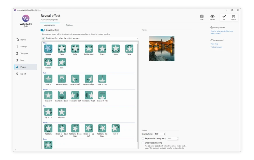 WebSite X5 ‘Effect’ window for activating scroll animation on an object