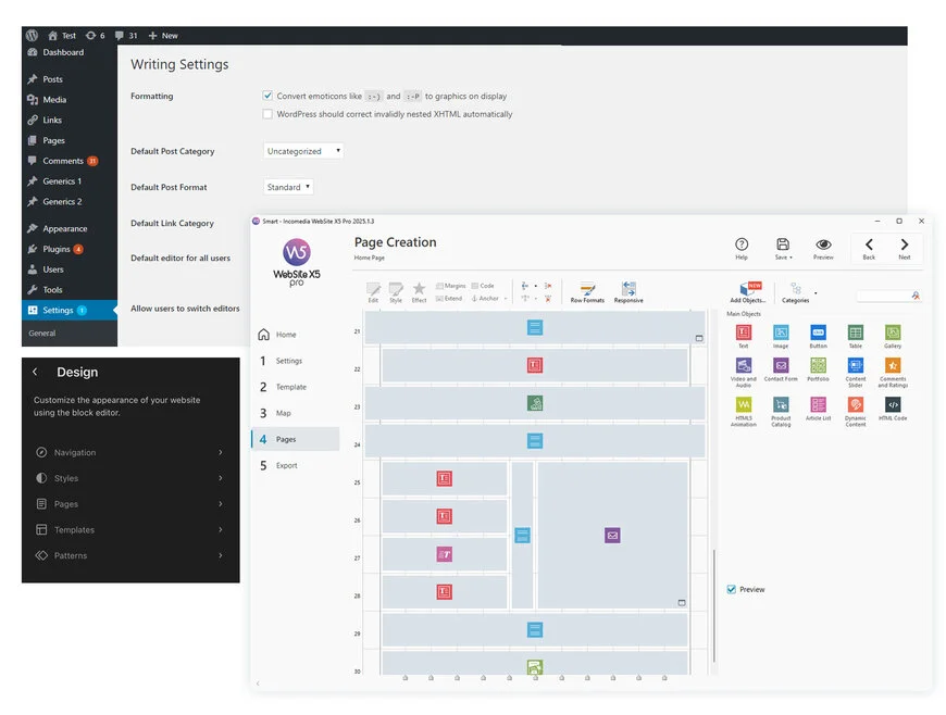 Confronto tra l’editor di WordPress e l’interfaccia visuale di WebSite X5