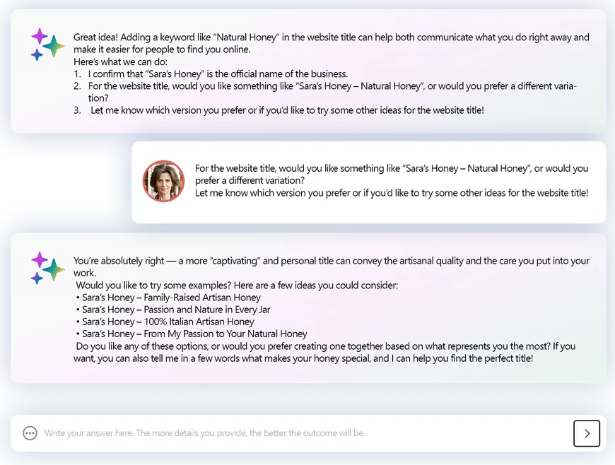 Estratto della chat di MagicSite in cui vengono proposte alternative per il titolo del sito.