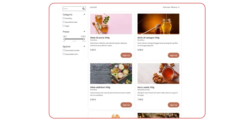 Anteprima delle card di prodotto generate automaticamente da MagicSite per il sito di Sara, con titoli e brevi descrizioni del miele artigianale.