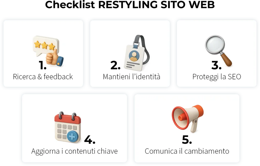 Checklist restyling sito web con 5 passaggi pratici per aggiornare un sito senza rischi