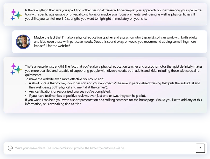 Estratto della chat tra Luca e MagicSite in cui collaborano per creare una frase d’impatto da usare nella home del sito.
