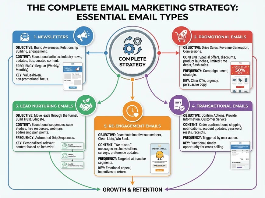 nfografica con le cinque principali tipologie di email marketing: newsletter, email promozionali, transazionali, lead nurturing e re-engagement.