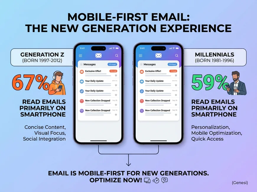 Percentuali di utilizzo mobile per la lettura delle email tra Gen Z e Millennials