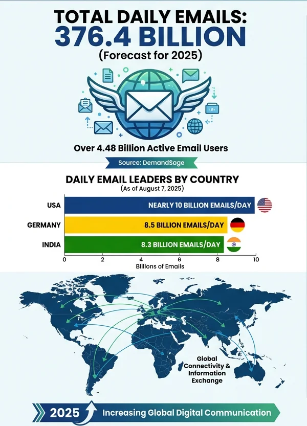 Grafico che mostra il volume di email inviate nel 2025 e i paesi con più traffico email