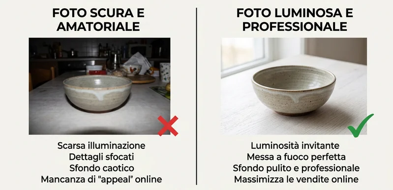Confronto tra foto prodotto artigianale amatoriale e foto professionale per e-commerce.