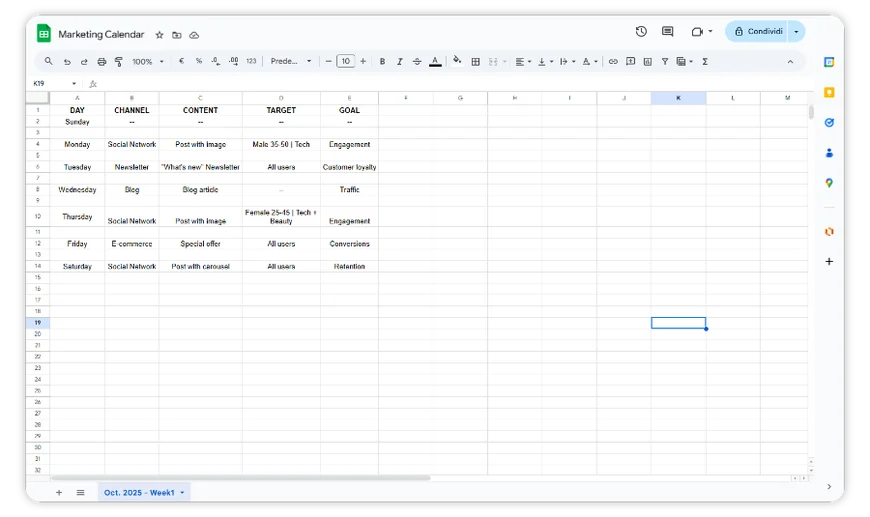 Calendario marketing settimanale con contenuti inseriti per social, blog e newsletter
