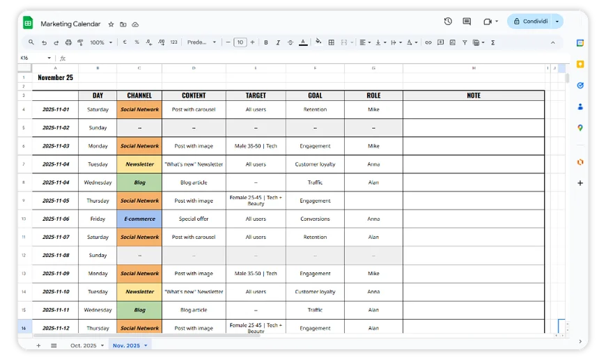 Calendario editoriale completo con colori, ruoli e note su Google Sheets