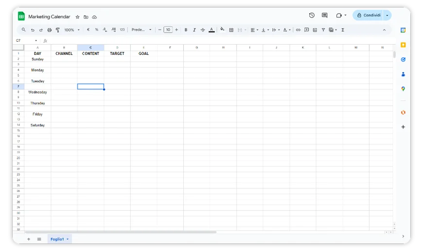 Calendario marketing mensile vuoto su Google Sheets con intestazioni pronte