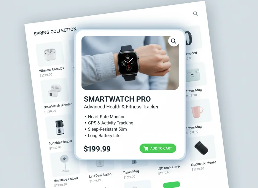 Composizione con una pagina di catalogo prodotti e una scheda prodotto in primo piano