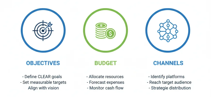 Checklist grafica con obiettivi, budget e canali per pianificare l’avvio di un e-commerce