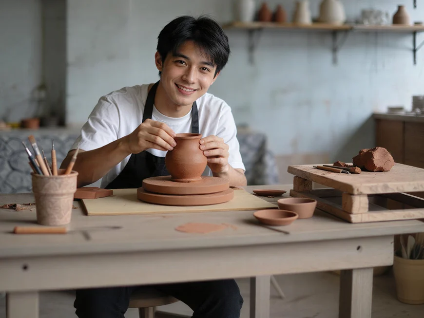 Giovane artigiano, piccolo imprenditore, che realizza ceramica mentre registra un video per vendere artigianato online.
