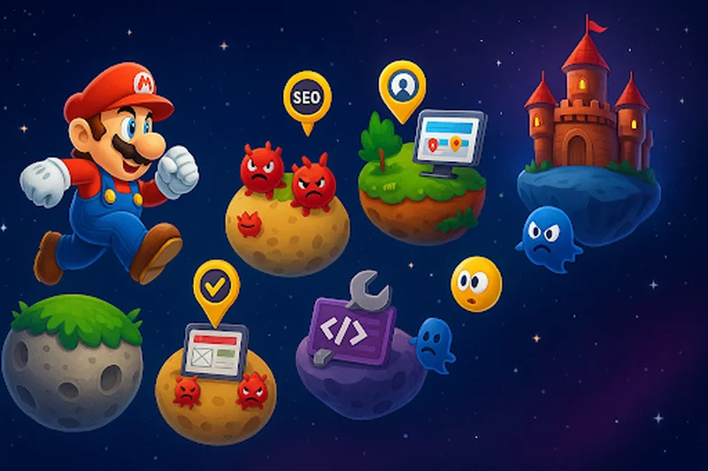 llustrazione in stile videogioco con Mario che supera 7 livelli per creare un sito di successo.