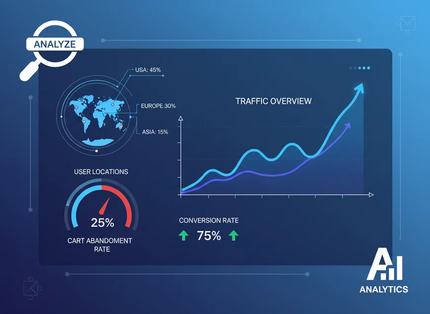 Mockup di una dashboard con grafici e dati di traffico per monitorare un sito e-commerce