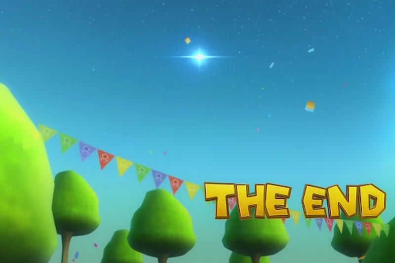Finale della creazione del tuo sito di successo con cielo stellato, alberi stilizzati e la scritta 'The End' luminosa e galattica.