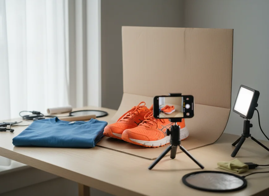 Foto per e-commerce una guida pratica: set up con t-shirt blu e sneaker arancione con luce naturale e attrezzatura base, iphone per scattare, luce led e sfondo in cartoncino dai colori neutri su scrivania.