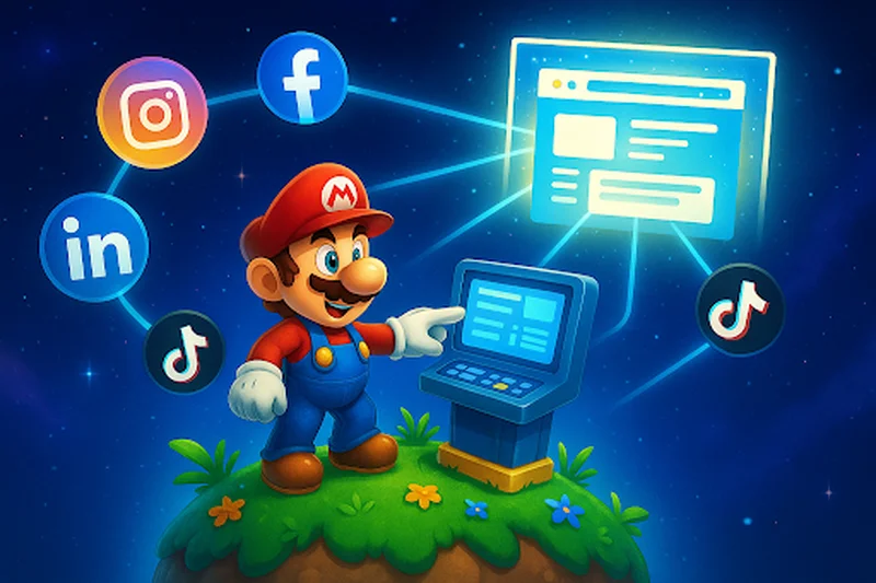 Mario che interagisce con un terminale, connettendo a un sito web di successo le a varie piattaforme social. 
