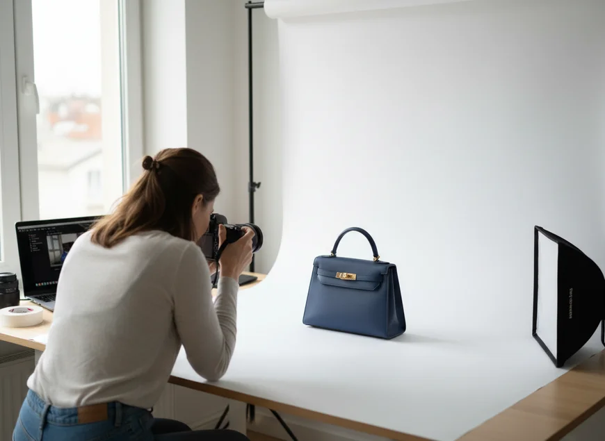 Setup fotografico semplice con luce naturale e sfondo bianco per prodotti e-commerce