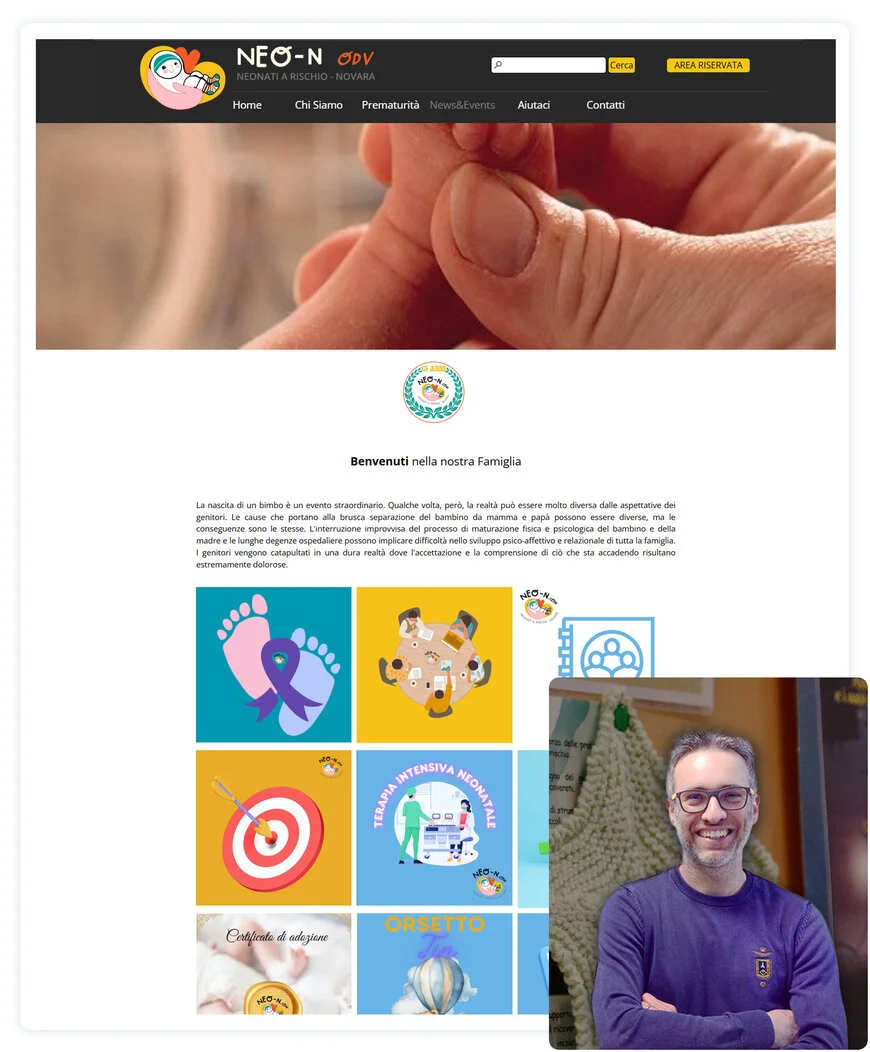 Riccardo Bianco, volontario dell’Associazione Neo-n, e la home page del sito web creato con WebSite X5