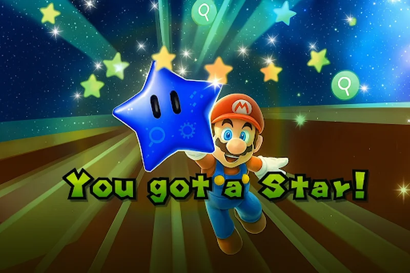 Mario che afferra una stella blu brillante superando un nuovo livello per creare un sito di successo