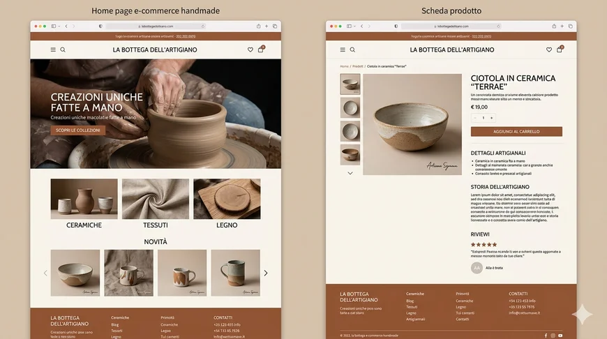 Esempio di sito e-commerce per vendere artigianato online con homepage e scheda prodotto curata.