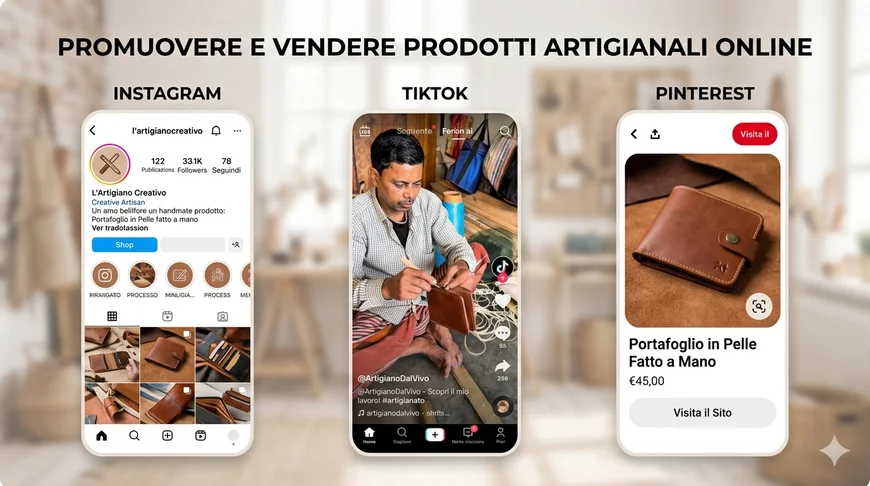 Esempio di utilizzo di Instagram, TikTok e Pinterest per promuovere e vendere prodotti artigianali online.
