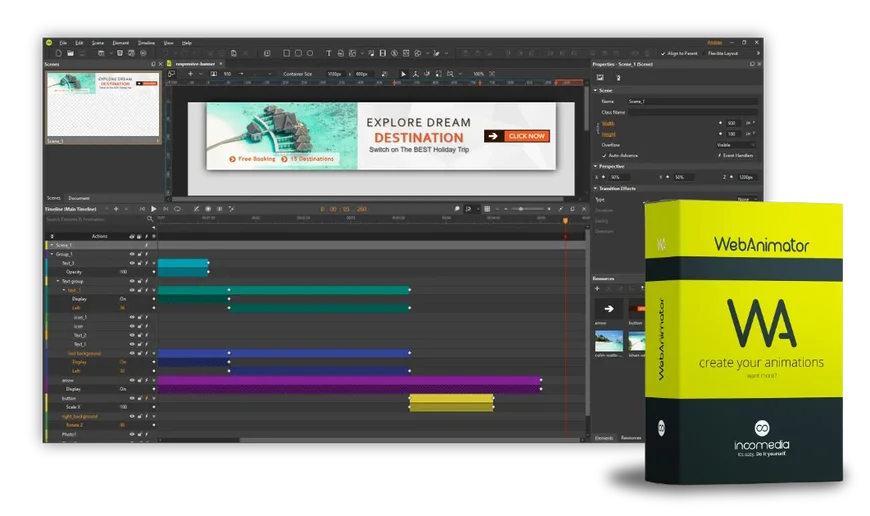 Interfaccia di WebAnimator con canvas, timeline e pannelli proprietà per creare animazioni HTML5 senza codice